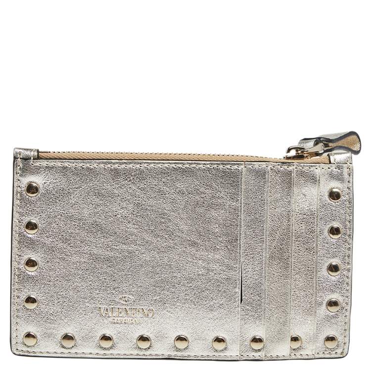 Pre Owned Valentino Light Gold Leather Rockstud Zip Card Holder 