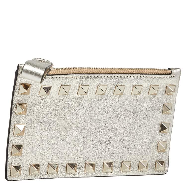 Pre Owned Valentino Light Gold Leather Rockstud Zip Card Holder 