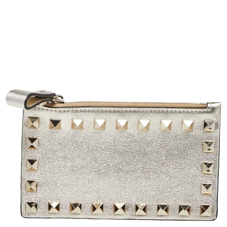 Pre Owned Valentino Light Gold Leather Rockstud Zip Card Holder 