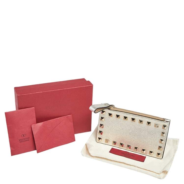 Pre Owned Valentino Light Gold Leather Rockstud Zip Card Holder 