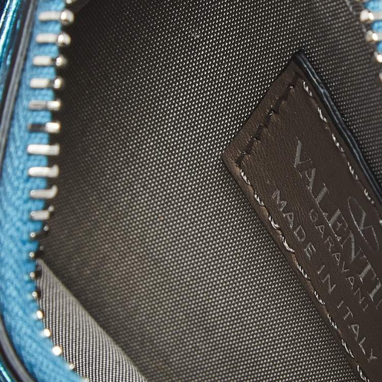 Pre Owned Valentino Metallic Blue Leather Rockstud Zip Card Case