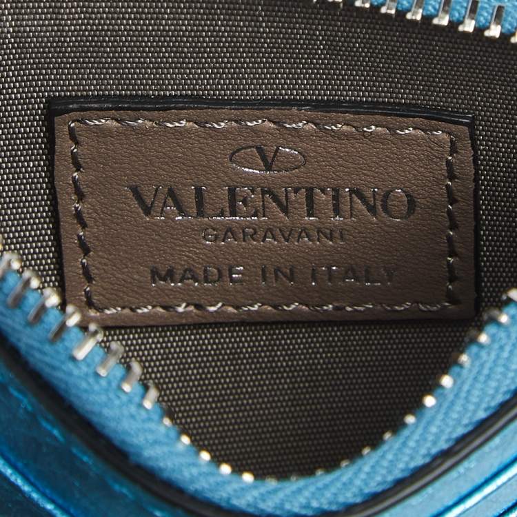 Pre Owned Valentino Metallic Blue Leather Rockstud Zip Card Case