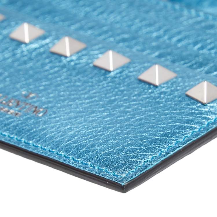 Pre Owned Valentino Metallic Blue Leather Rockstud Zip Card Case