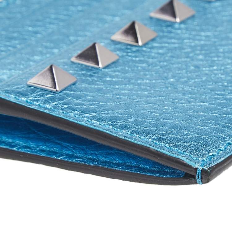 Pre Owned Valentino Metallic Blue Leather Rockstud Zip Card Case