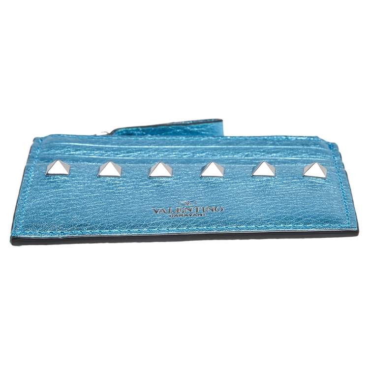 Pre Owned Valentino Metallic Blue Leather Rockstud Zip Card Case