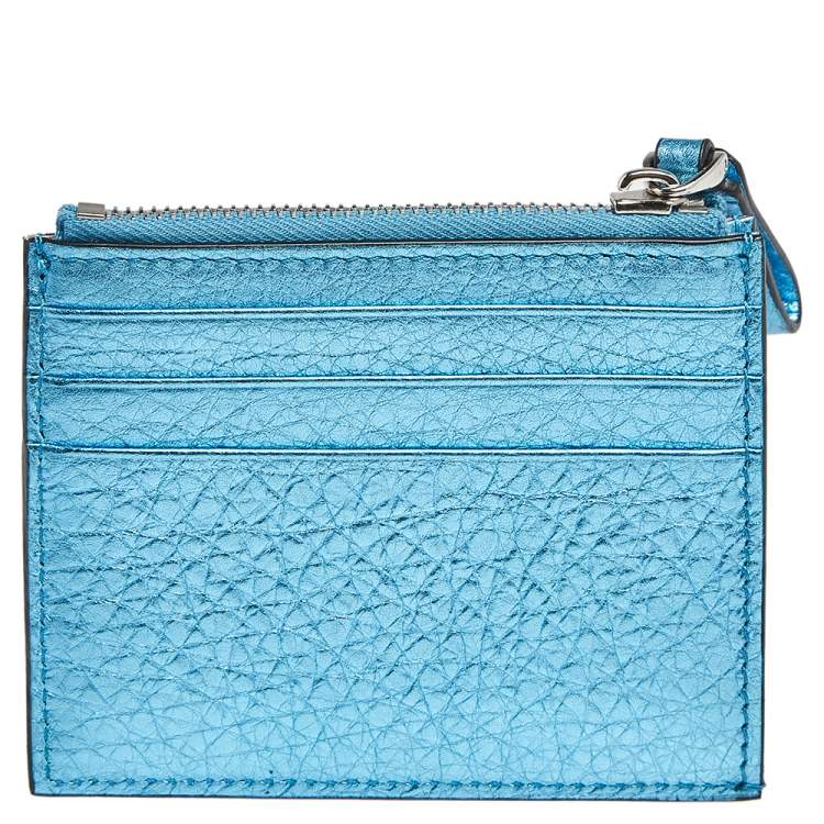 Pre Owned Valentino Metallic Blue Leather Rockstud Zip Card Case