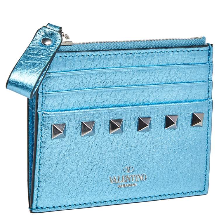 Pre Owned Valentino Metallic Blue Leather Rockstud Zip Card Case