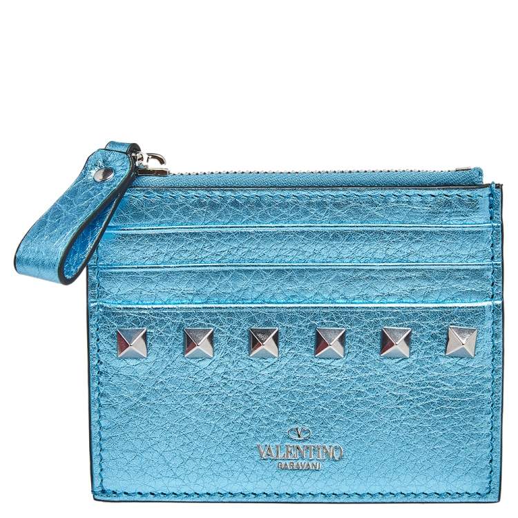 Pre Owned Valentino Metallic Blue Leather Rockstud Zip Card Case