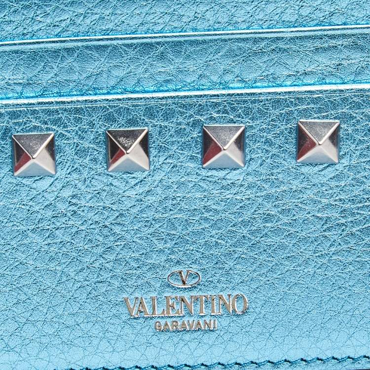 Pre Owned Valentino Metallic Blue Leather Rockstud Zip Card Case