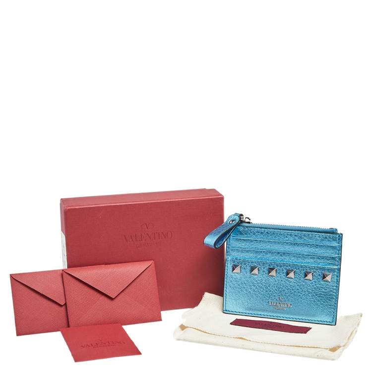 Pre Owned Valentino Metallic Blue Leather Rockstud Zip Card Case