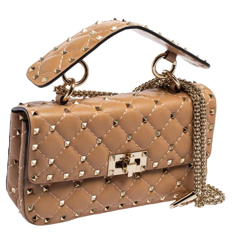 Pre Owned Valentino Beige Leather Rockstud Spike Top Handle Bag
