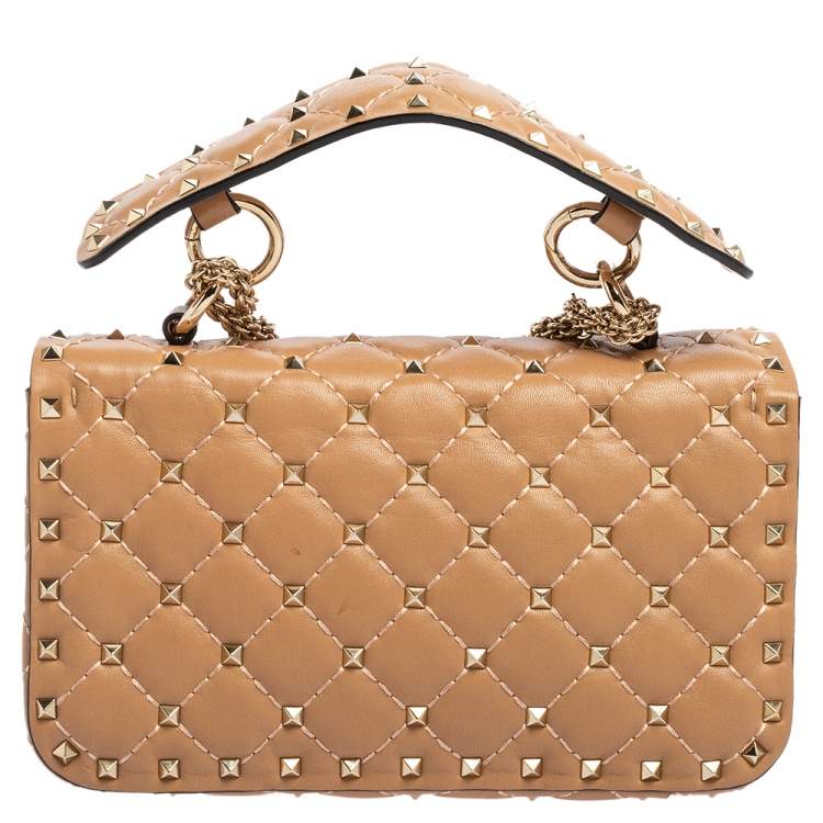 Pre Owned Valentino Beige Leather Rockstud Spike Top Handle Bag
