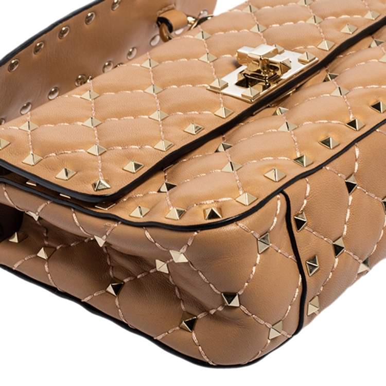 Pre Owned Valentino Beige Leather Rockstud Spike Top Handle Bag