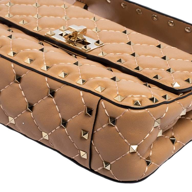 Pre Owned Valentino Beige Leather Rockstud Spike Top Handle Bag