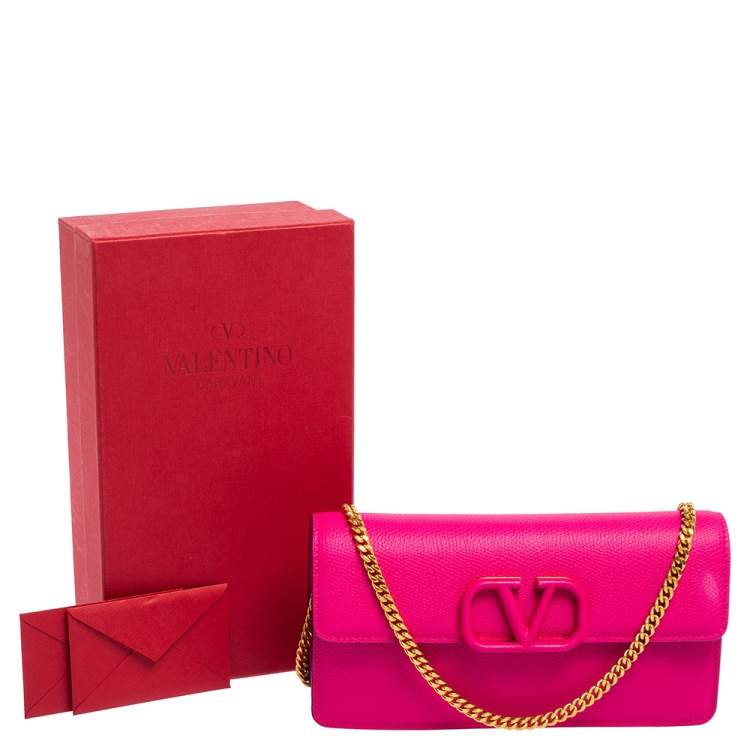 Pre Owned Valentino Hot Pink Leather VLogo Wallet on Chain