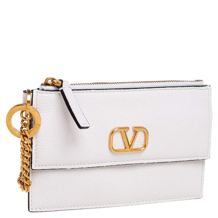 Pre Owned Valentino White Leather VLogo Signature Coin Purse/Card Holder