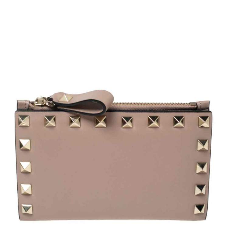 Pre Owned Valentino Rose Quartz Leather Rockstud Coin Purse and Card Holder