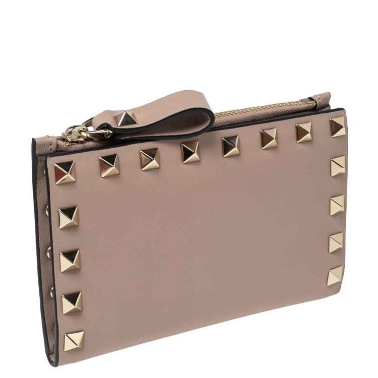 Pre Owned Valentino Rose Quartz Leather Rockstud Coin Purse and Card Holder