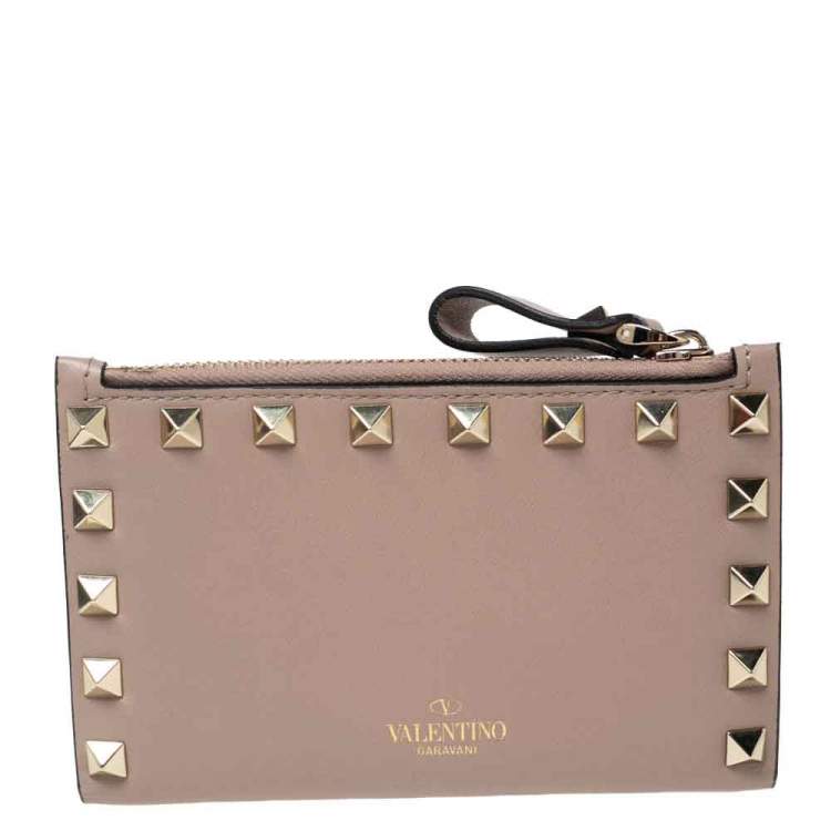 Pre Owned Valentino Rose Quartz Leather Rockstud Coin Purse and Card Holder