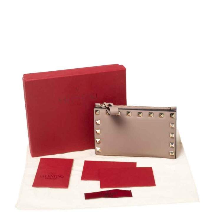 Pre Owned Valentino Rose Quartz Leather Rockstud Coin Purse and Card Holder