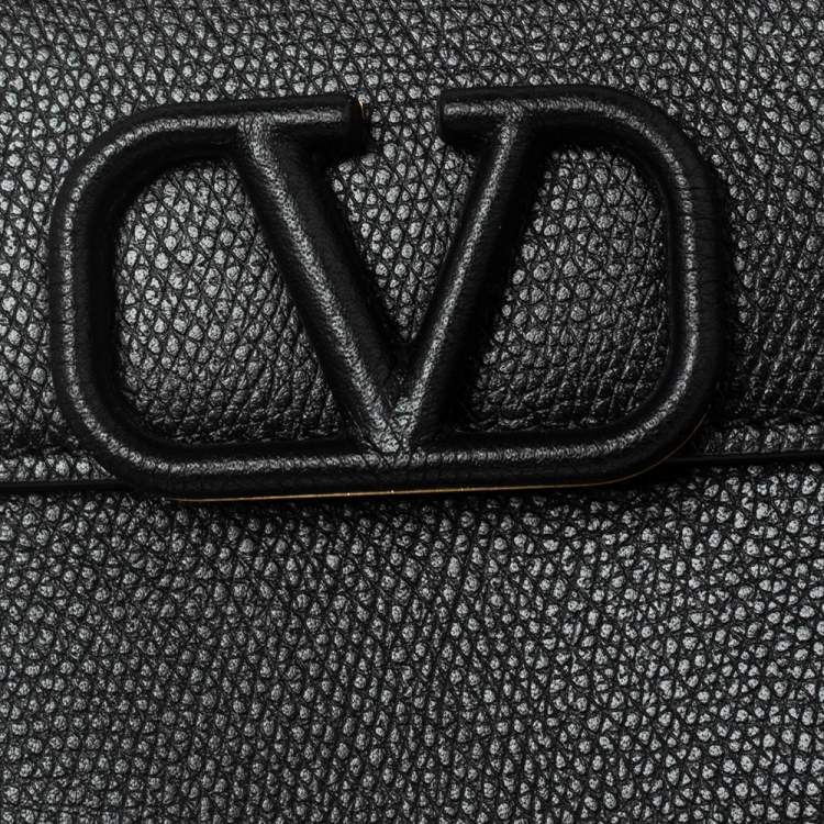 مملوكة مسبقًا Valentino Black Grained Leather VLogo Compact Wallet On Chain