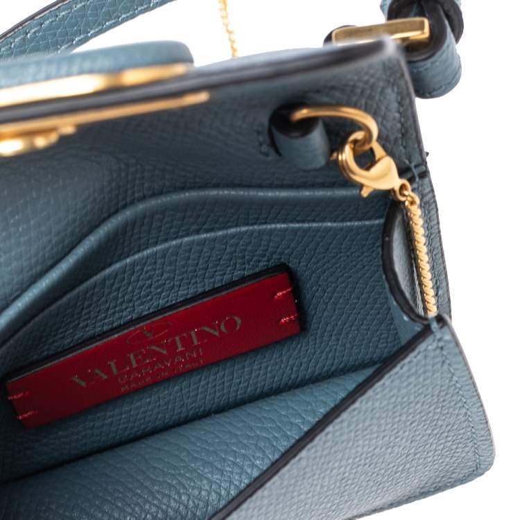 Pre Owned Valentino Blue Grained Leather Mini VLogo Chain Pouch
