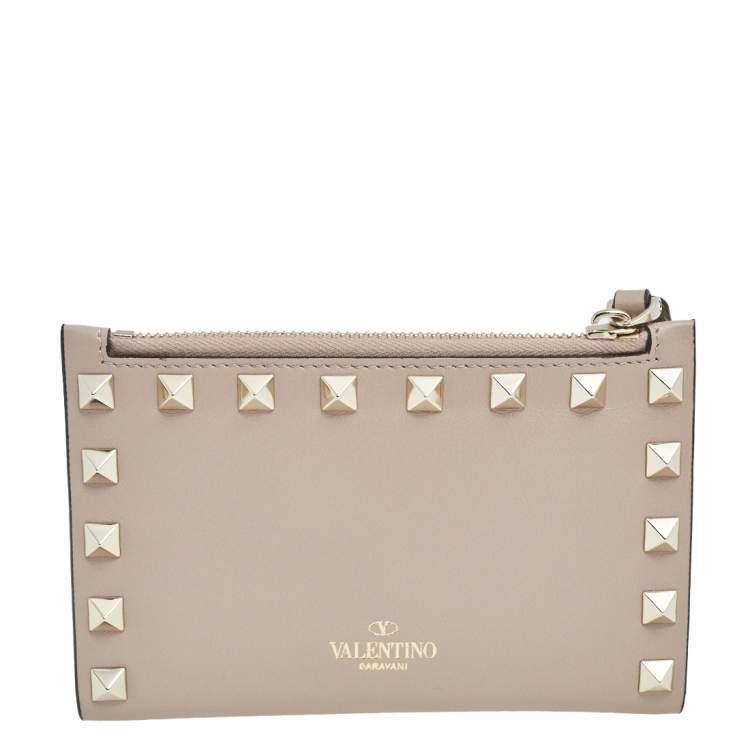 Pre Owned Valentino Beige Leather Rockstud Bifold Card Holder