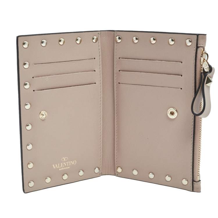 Pre Owned Valentino Beige Leather Rockstud Bifold Card Holder