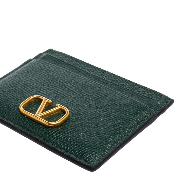 Pre Owned Valentino Green Leather V-Logo Card Holder