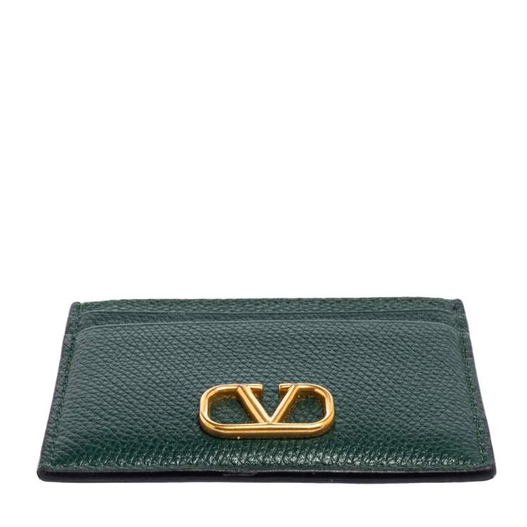 Pre Owned Valentino Green Leather V-Logo Card Holder