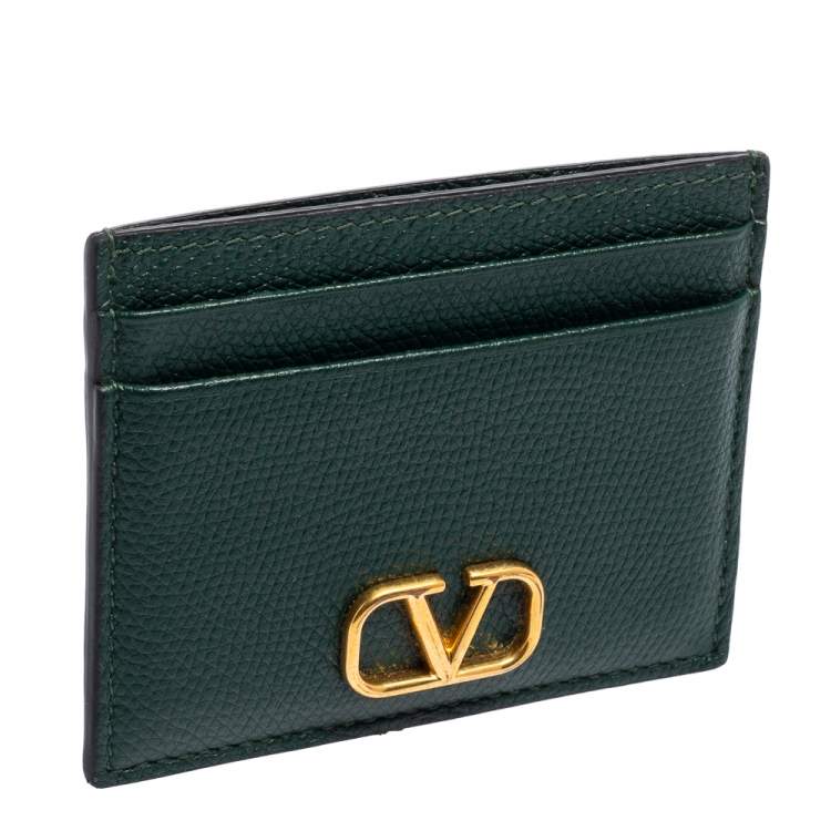Pre Owned Valentino Green Leather V-Logo Card Holder