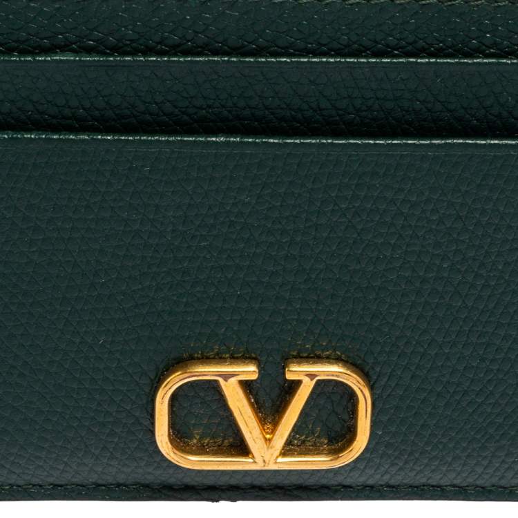 Pre Owned Valentino Green Leather V-Logo Card Holder