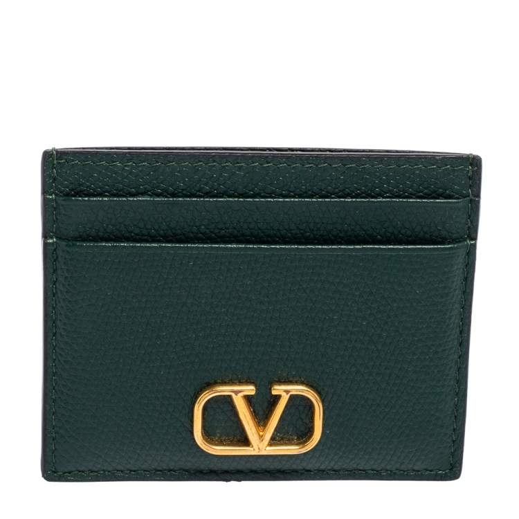 Pre Owned Valentino Green Leather V-Logo Card Holder