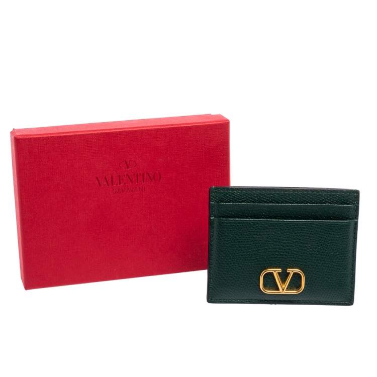 Pre Owned Valentino Green Leather V-Logo Card Holder