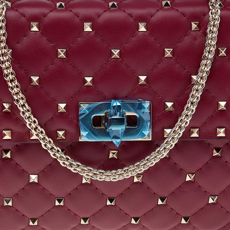 Pre Owned Valentino Red Quilted Leather Medium Rockstud Spike Top Handle Bag