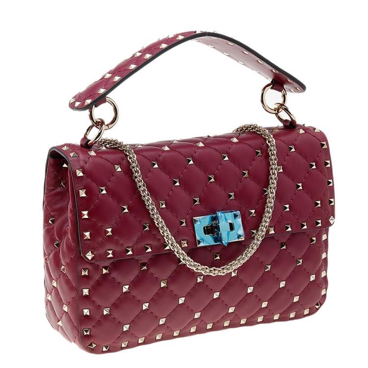 Pre Owned Valentino Red Quilted Leather Medium Rockstud Spike Top Handle Bag