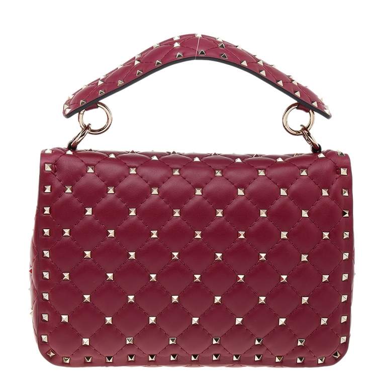 Pre Owned Valentino Red Quilted Leather Medium Rockstud Spike Top Handle Bag