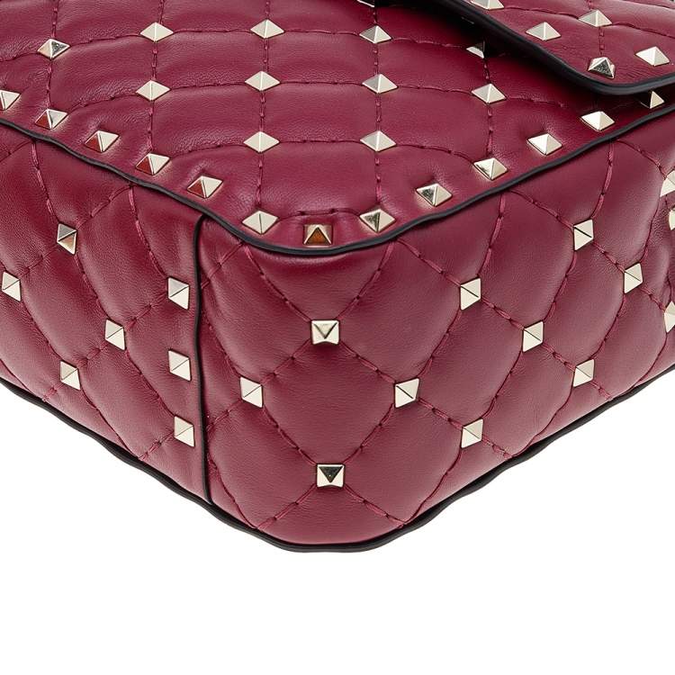 Pre Owned Valentino Red Quilted Leather Medium Rockstud Spike Top Handle Bag