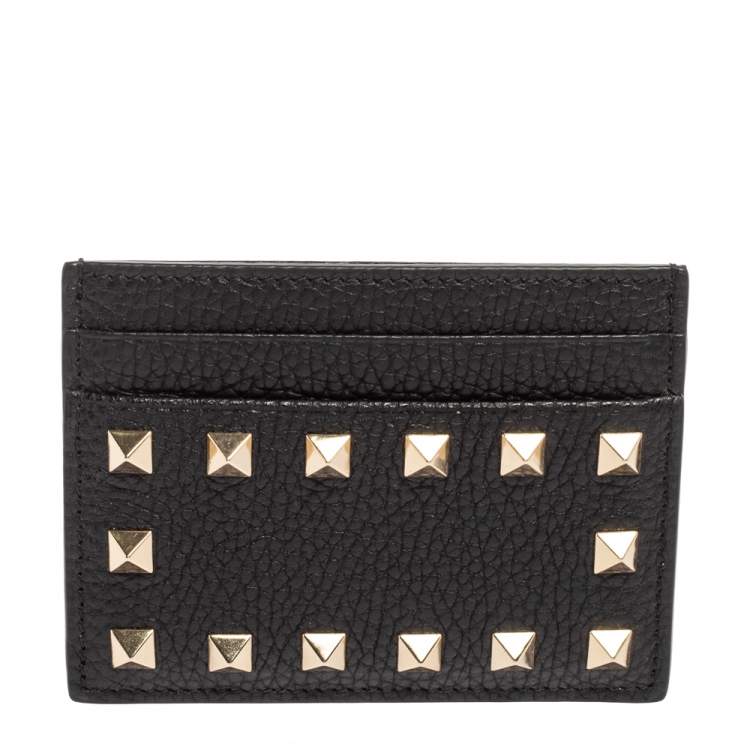 Pre Owned Valentino Black Grained Leather Rockstud Card Case