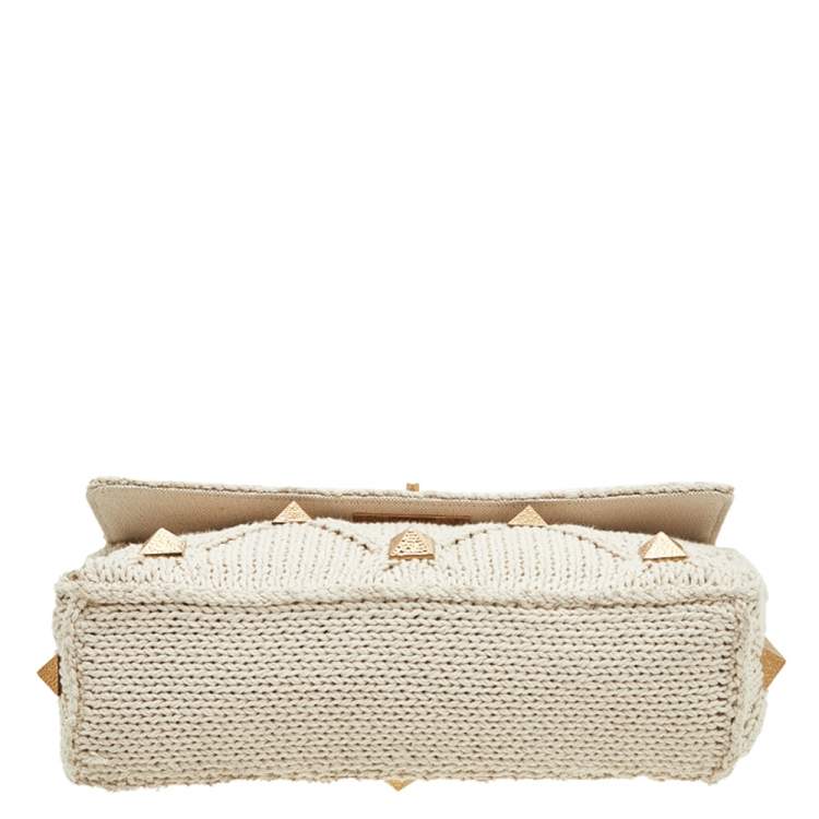 Pre Owned Valentino Off White Knitted Fabric Roman Stud Top Handle Bag