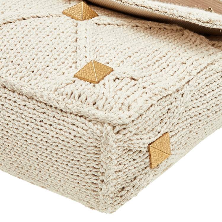Pre Owned Valentino Off White Knitted Fabric Roman Stud Top Handle Bag