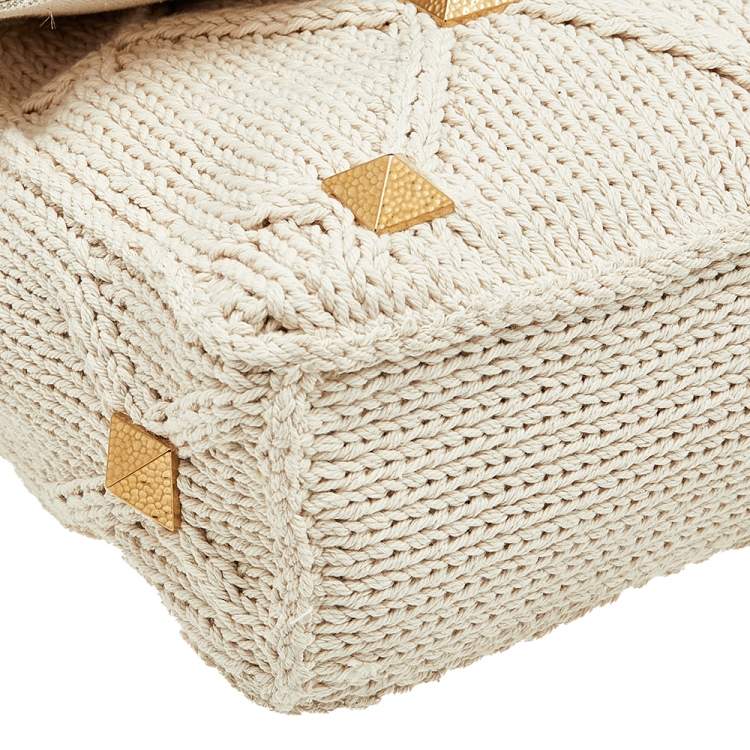 Pre Owned Valentino Off White Knitted Fabric Roman Stud Top Handle Bag