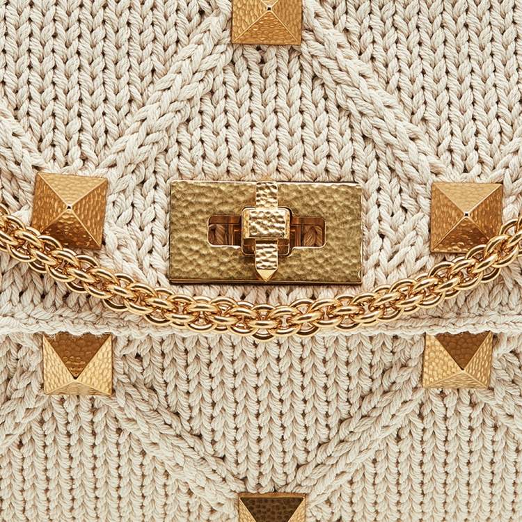 Pre Owned Valentino Off White Knitted Fabric Roman Stud Top Handle Bag