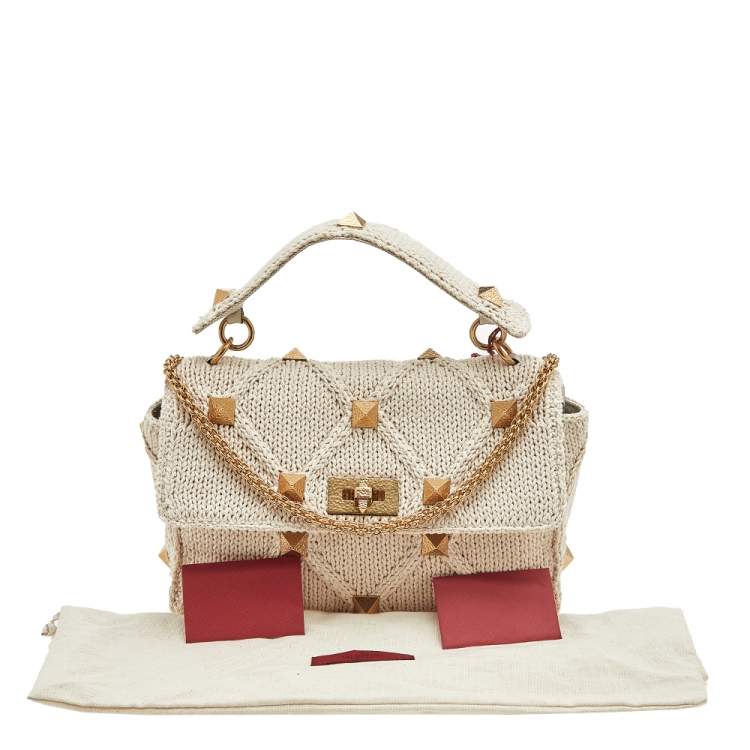 Pre Owned Valentino Off White Knitted Fabric Roman Stud Top Handle Bag