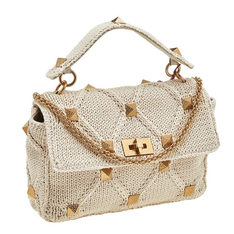Pre Owned Valentino Off White Knitted Fabric Roman Stud Top Handle Bag