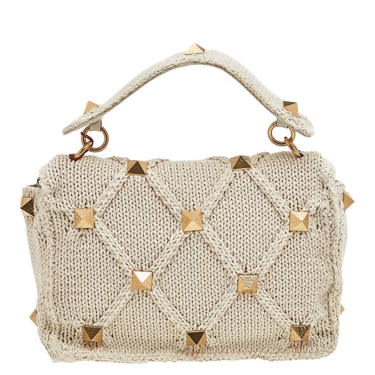 Pre Owned Valentino Off White Knitted Fabric Roman Stud Top Handle Bag