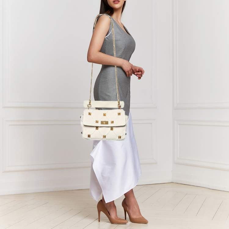 Pre Owned Valentino Off White Knitted Fabric Roman Stud Top Handle Bag