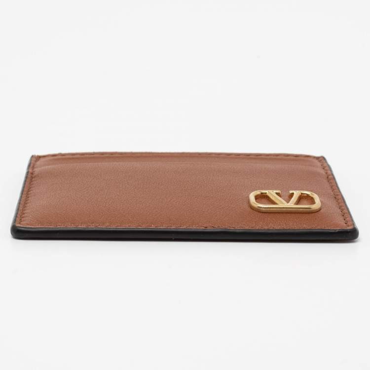 Pre Owned Valentino Brown Leather V logo Card Case