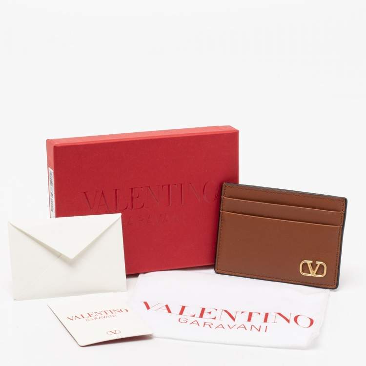 Pre Owned Valentino Brown Leather V logo Card Case
