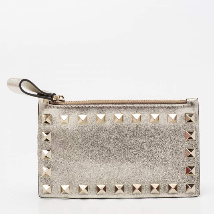 Pre Owned Valentino Metallic Gold Leather Rockstud Zip Card Holder 